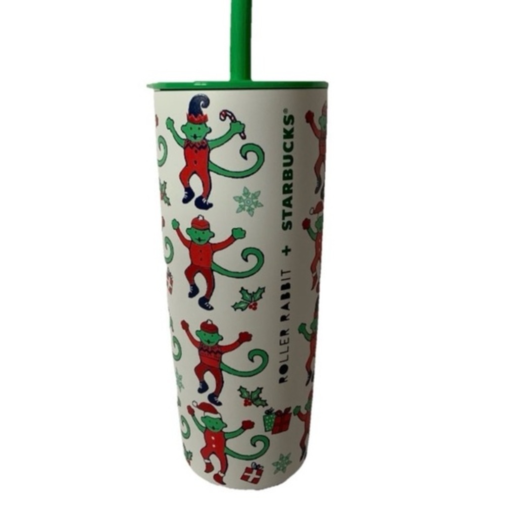 NWT. STARBUCKS X ROLLER RABBIT Monkey Holiday Tumbler with Green Straw